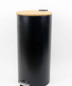 פח אשפה 30 ליטר עם מכסה עץ במבוק שחור/לבן