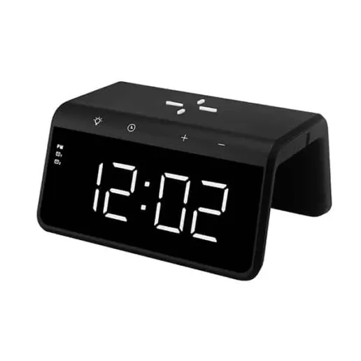 מטען אלחוטי מהיר 10W משולב עם שעון דיגיטלי ספרות לד לבנות ותאורת לד