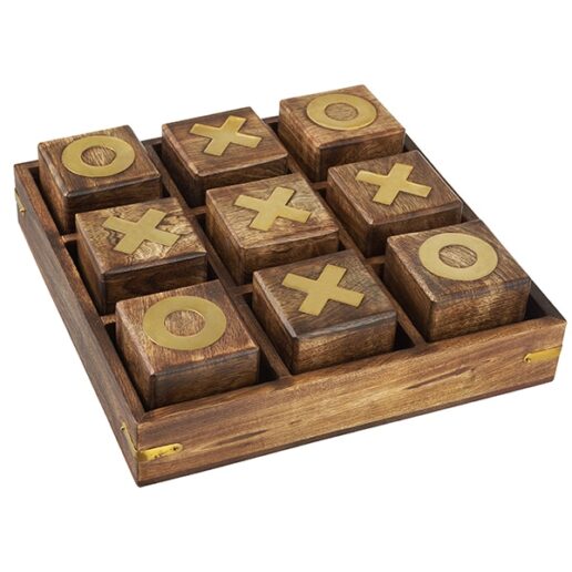 משחק איקס עיגול XO עם קוביות עץ ונחושת בבסיס עץ מפואר