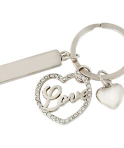 מחזיק מפתחות מתכתי משובץ באבנים "LOVE" עם לוחית מלבנית למיתוג