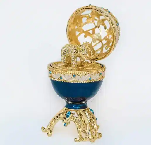 ביצת פברז'ה כחולה מוזהבת עם פיל מוזהב Golden Blue Faberge Egg with a Golden Elephant - קופסת תכשיטים Keren Kopal