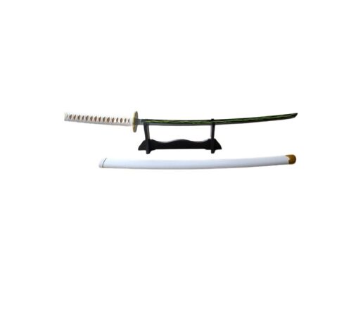 חרב אנימה באורך מטר על מעמד עץ - לבנה/להב ירוקה